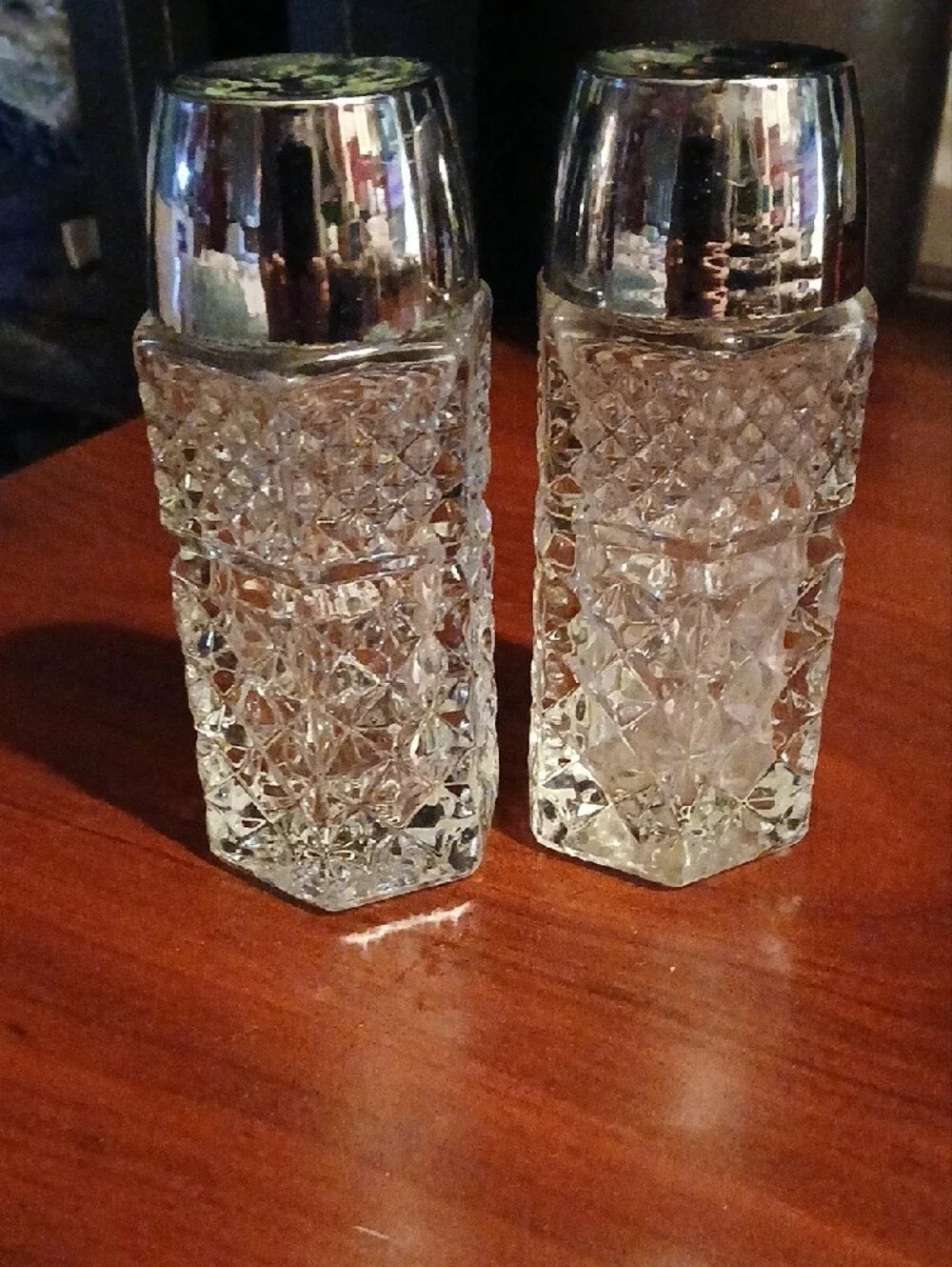 Cut Glass Salt and Pepper Shakers with Silver-Tone Lids